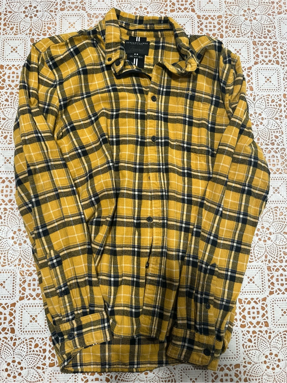 Denim & Flower Ricky Singh Mustard Yellow Plaid Flannel Shirt Mens Large